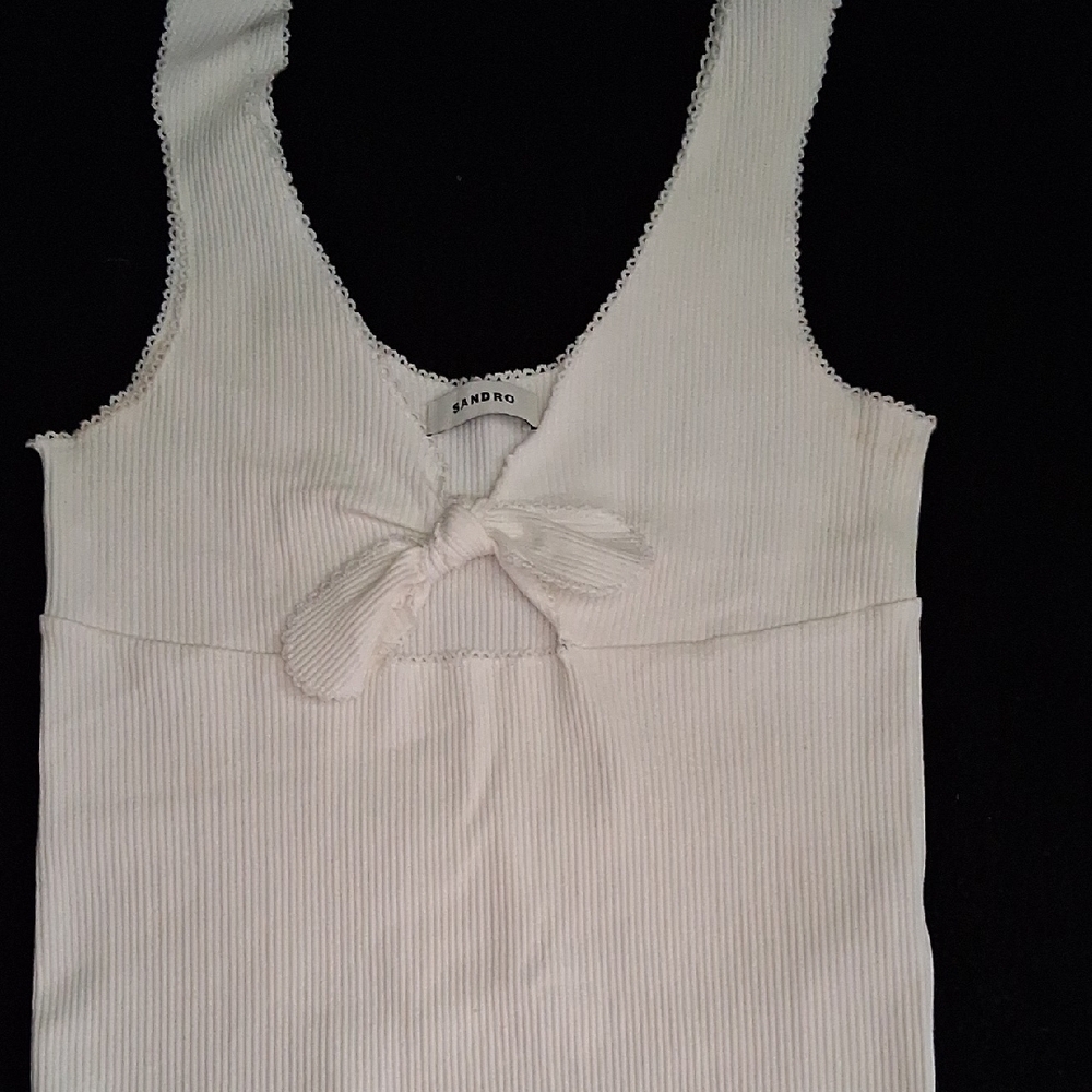 Sandro Cream Ribbed Top with Bow Detail